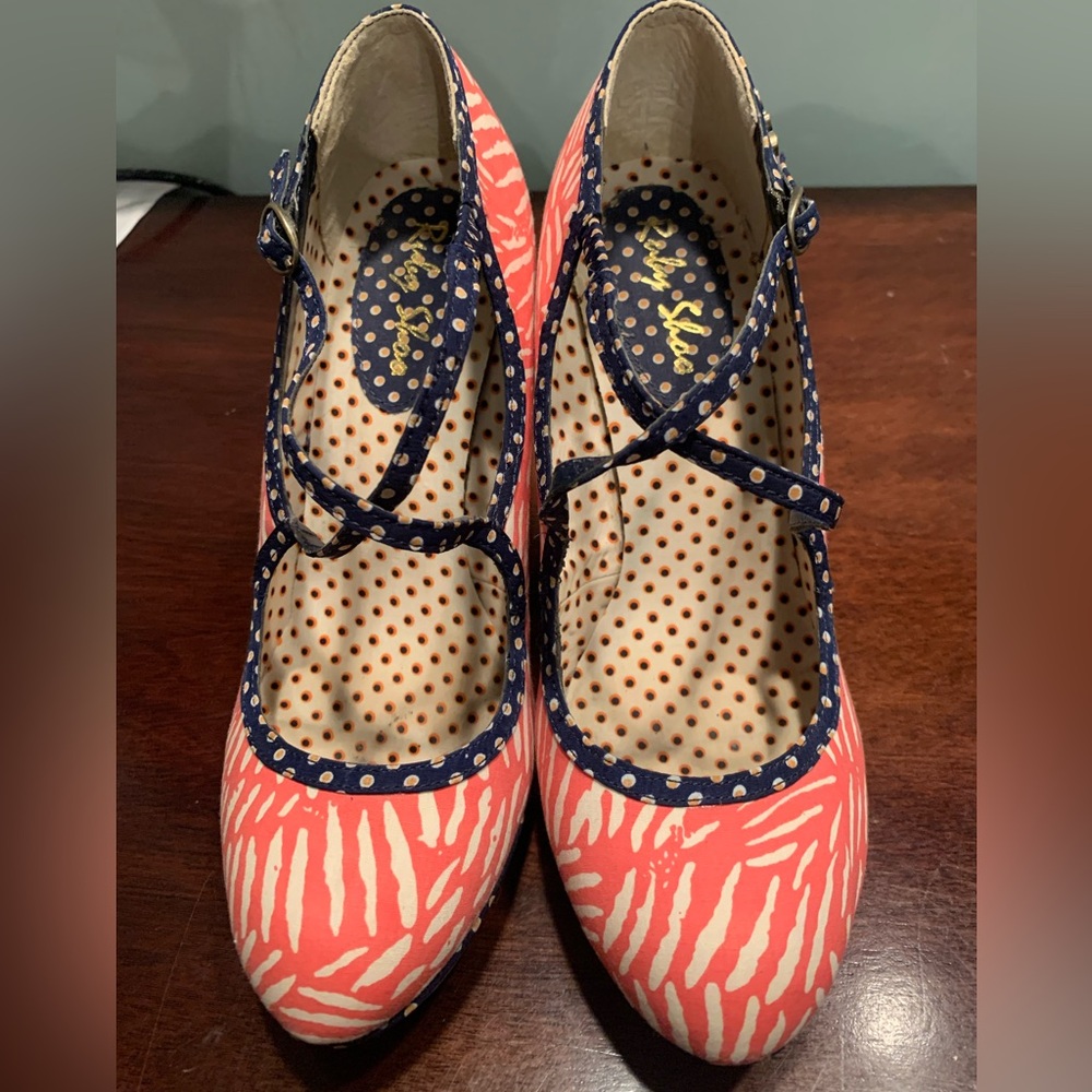 Ruby Shoo melon and navy heels